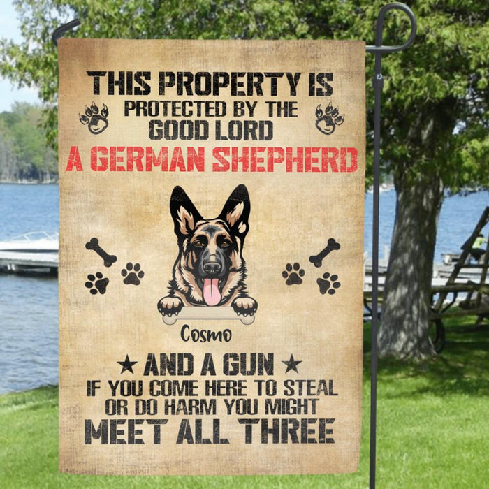Custom Personalized Dog Flag Sign - Upto 4 Dogs - Best Gift For Dog Lover - This Property Is Protected By The Good Lord - JN3EUF