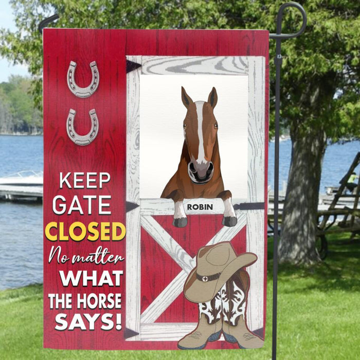 Custom Personalized Horse Barn Flag Sign - Upto 4 Horses - Gift For Horse Lover - Keep Gate Closed No Matter What The Horse Says