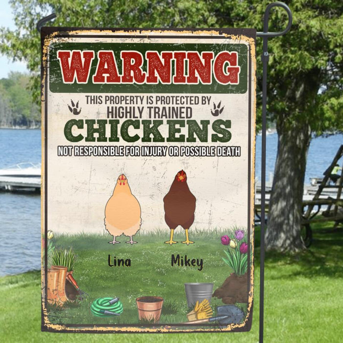 Custom Personalized Chicken Flag Sign - Up to 7 Chickens - Best Gift For Chicken Lovers - This Property Is Protected By Highly Trained Chickens Not Responsible For Injury Or Possible Death