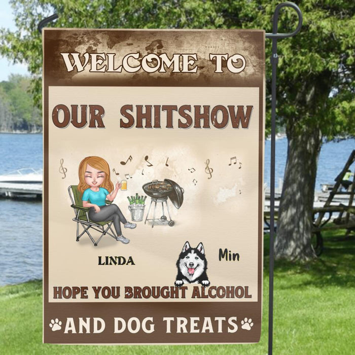 Custom Personalized Dog Flag Sign - Best Gift Idea For Dog Lovers/Mother's Day - Upto 4 Dogs - Welcome To Our Shitshow, Hope You Brought Alcohol And Dog Treats
