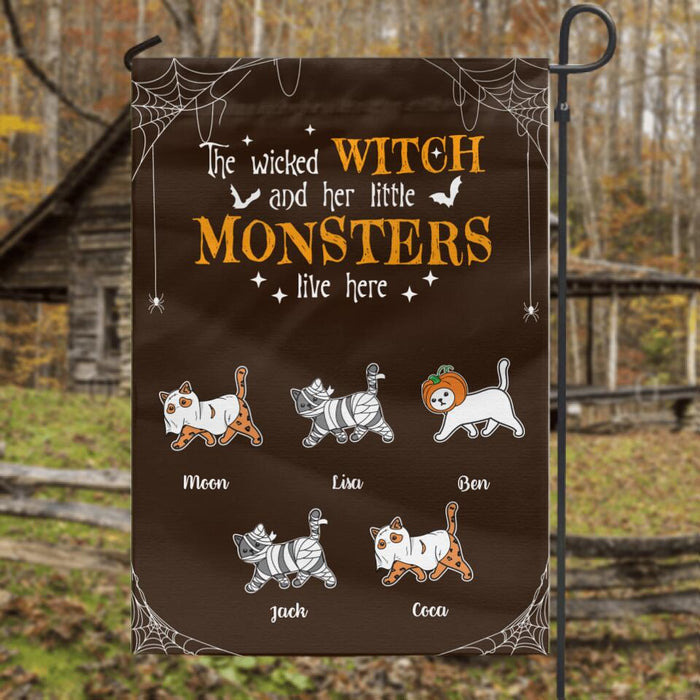 Custom Personalized Halloween Cats Flag Sign - Upto 5 Cats - The Wicked Witch And Her Little Monsters Live Here