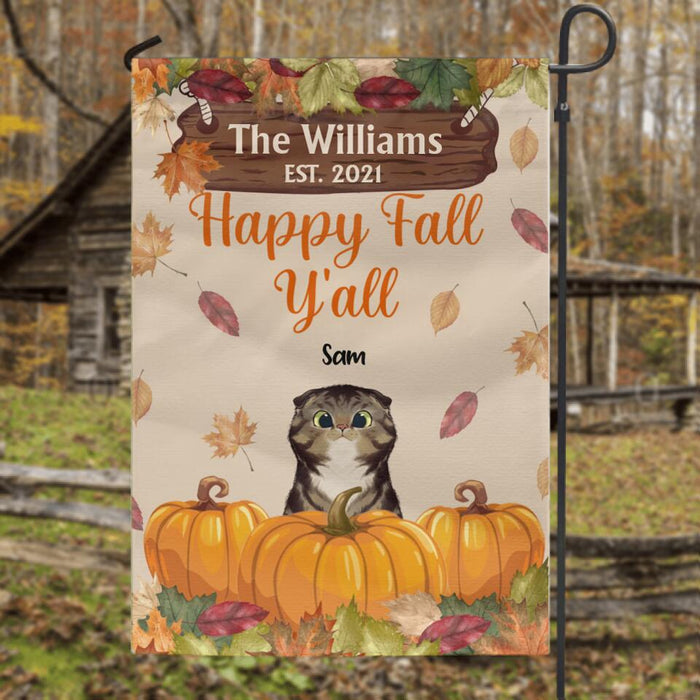 Personalized Fall Y'all Flag Sign - Gift For Cat Lovers with up to 3 Cats - Happy Fall Y'all