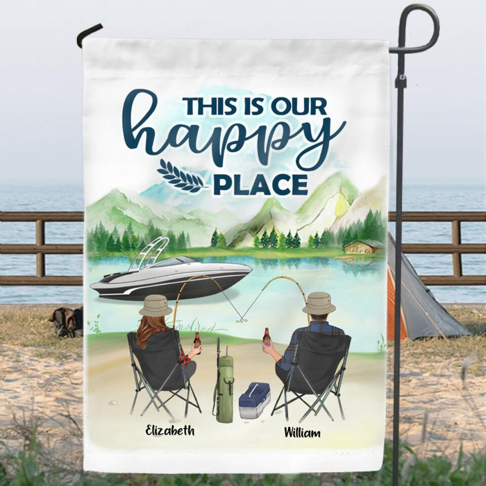 Custom Personalized Fishing Family Flag Sign - Parents With Upto 4 Kids  - Gift For Fishing Lover - This Is Our Happy Place