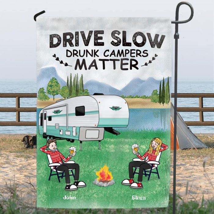 Custom Personalized Camping With Friends Flag - Upto 6 People - Best Gift For Friends/Camping Lovers - Drive Slow Drunk Campers Matter