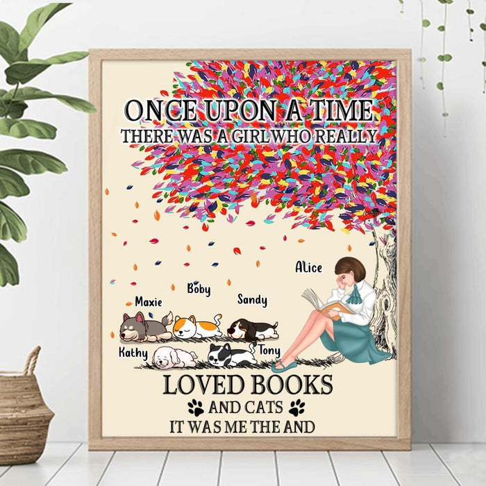 Custom Personalized Reading Girl Poster - Upto 5 Pets - Gift Idea For Book/ Dog/ Cat Lover - Just A Girl Who Loves Book