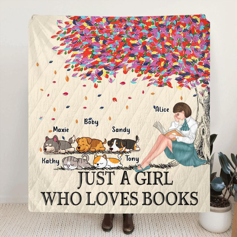 Personalized Reading Girl Pillow Cover/Fleece Blanket/Quilt - Up to 5 Pets - Gift Idea For Book/Dog Cat Lover - Just A Girl Who Loves Book