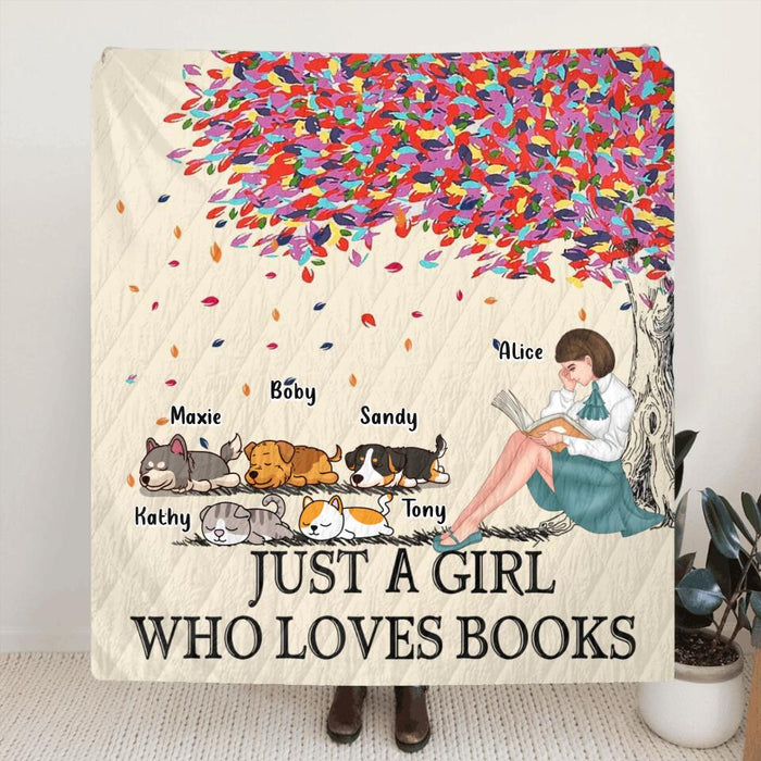 Custom Personalized Reading Girl Pillow Cover & Fleece/ Quilt Blanket - Upto 5 Pets - Gift Idea For Book/ Dog/ Cat Lover - Just A Girl Who Loves Book