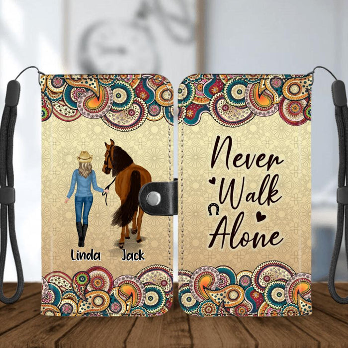 Custom Personalized Horse Girl Flip Leather Purse For Mobile Phone - Upto 4 Horses - Gift Idea For Horse Lovers - Never Walk Alone