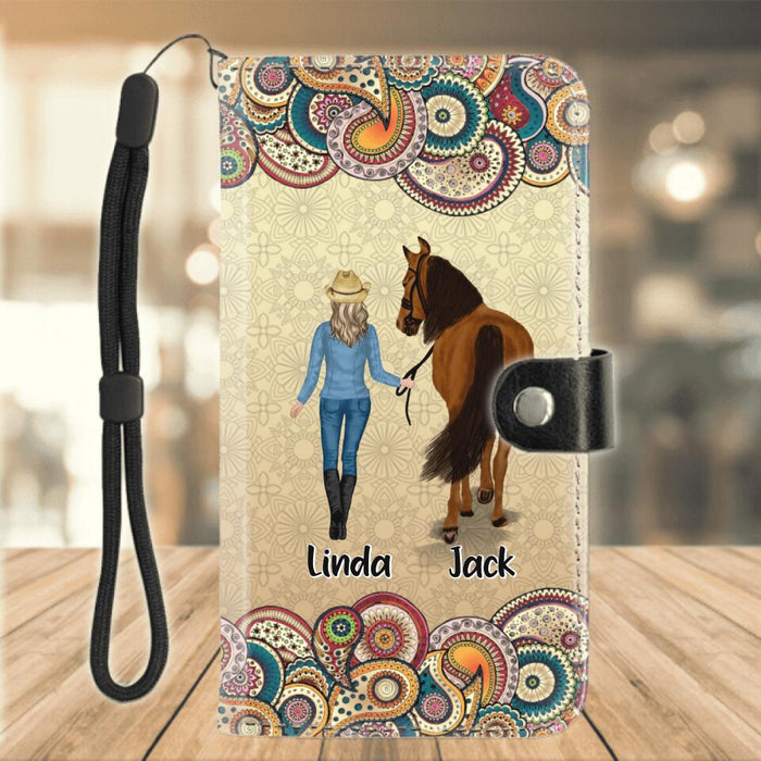 Custom Personalized Horse Girl Flip Leather Purse For Mobile Phone - Upto 4 Horses - Gift Idea For Horse Lovers - Never Walk Alone