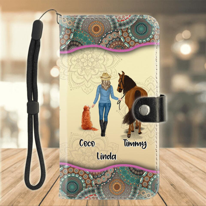 Custom Personalized Horse And Dog Flip Leather Purse for Mobile Phone - Upto 2 Dogs - Gift Idea For Horse/Dog Lovers - Never Walk Alone