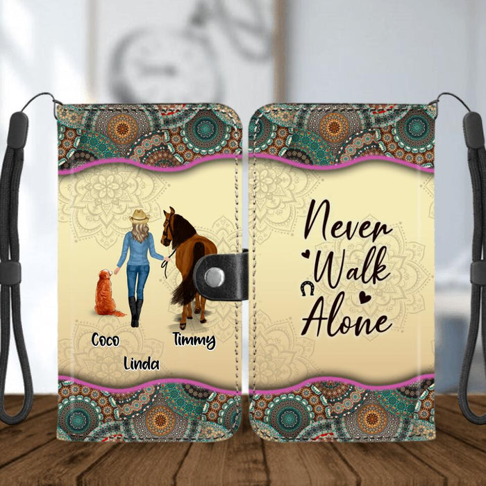 Custom Personalized Horse And Dog Flip Leather Purse for Mobile Phone - Upto 2 Dogs - Gift Idea For Horse/Dog Lovers - Never Walk Alone