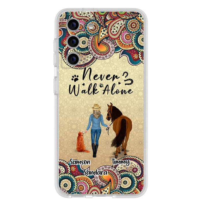 Custom Personalized Horse And Dog Phone Case - Upto 2 Dogs - Gift Idea For Horse/Dog Lovers - Never Walk Alone - Case For iPhone/Samsung