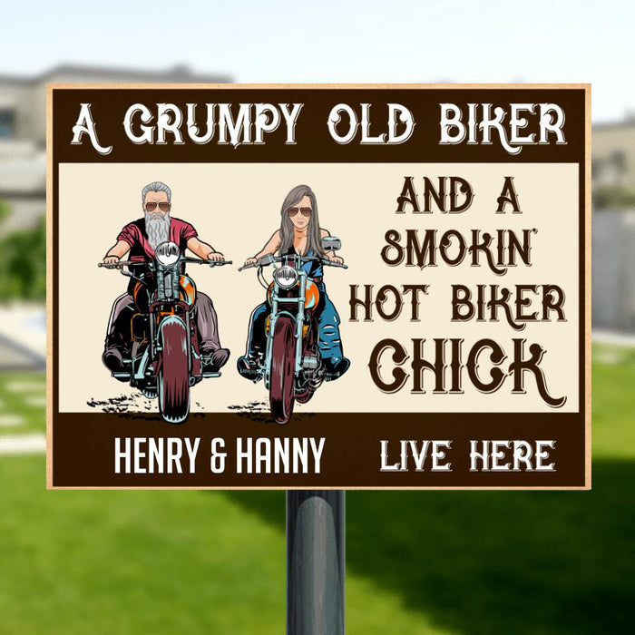 Custom Personalized Couple Biker Metal Sign - Gift Idea For Couple - A Grumpy Old Biker And A Smokin' Hot Biker Chick Live Here