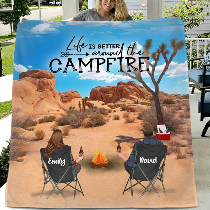 Custom Personalized Joshua Tree Camping Fleece/ Quilt Blanket - Adult/ Couple/ Parents With Upto 3 Kids And 3 Pets - Gift Idea For Family/ Camping Lover - Life Is Better Around The Campfire