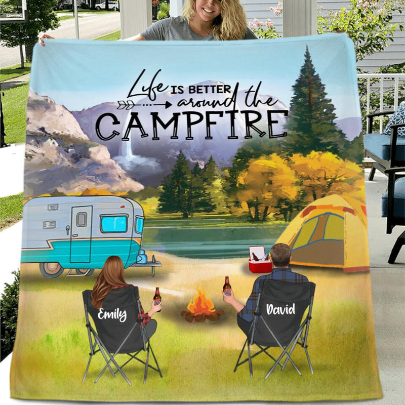 Personalized Yosemite Camping Fleece/Quilt Blanket - Adult/Couple With Up to 3 Kids And 3 Pets - Gift Idea For Family/Camping Lover - Life Is Better Around The Campfire
