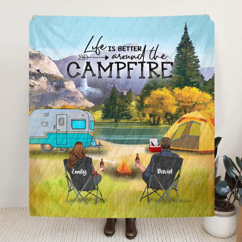 Personalized Yosemite Camping Fleece/Quilt Blanket - Adult/Couple With Up to 3 Kids And 3 Pets - Gift Idea For Family/Camping Lover - Life Is Better Around The Campfire