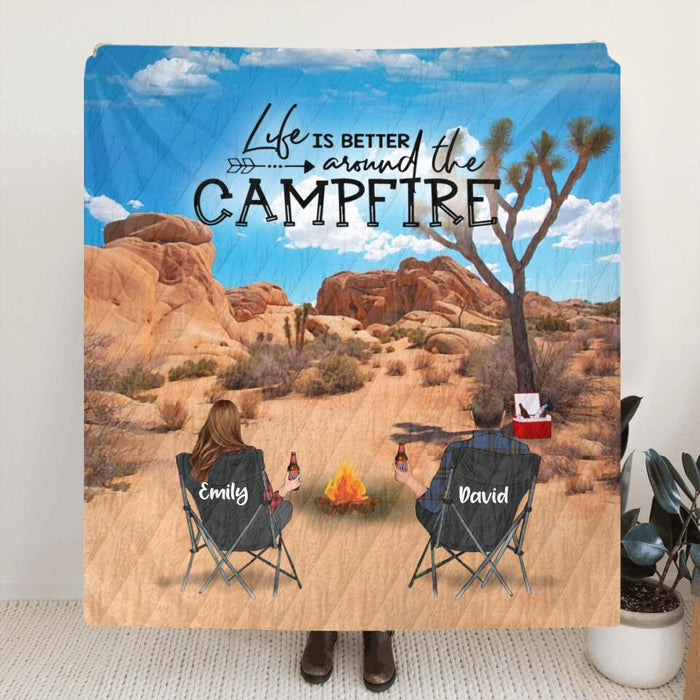 Custom Personalized Joshua Tree Camping Fleece/ Quilt Blanket - Adult/ Couple/ Parents With Upto 3 Kids And 3 Pets - Gift Idea For Family/ Camping Lover - Life Is Better Around The Campfire