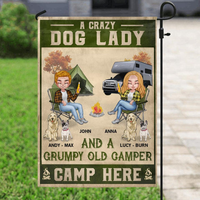 Custom Personalized Spoiled Camping Couple Flag Sign - Gift For Camping Lovers with up to 4 Dogs -  Crazy Dog Lady and Grumpy Old Camper Camp Here