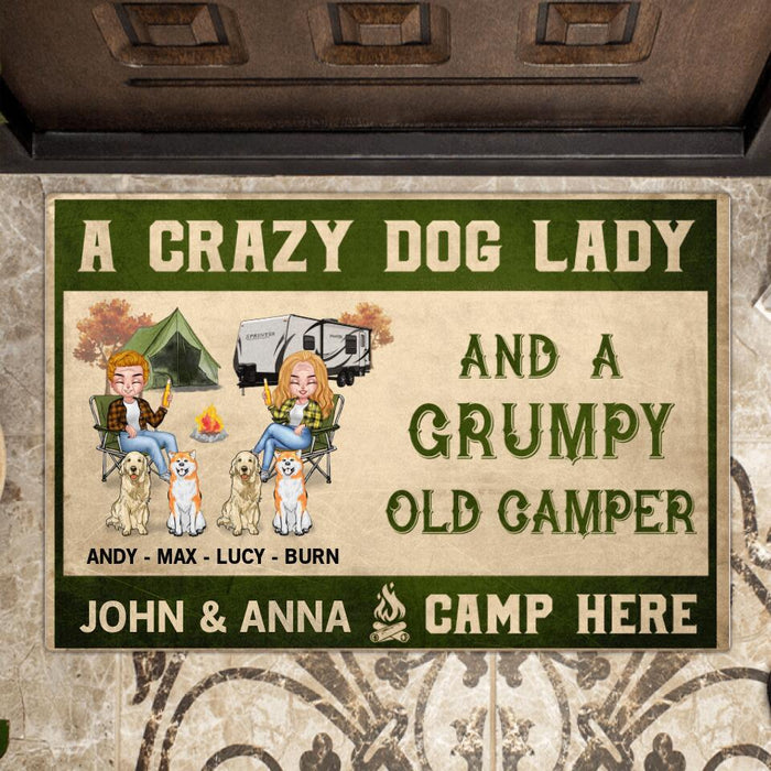 Custom Personalized Camping Couple Doormat - Gift For Camping Lovers with up to 4 Dogs - A Crazy Dog Lady And A Grumpy Old Camper Camp Here