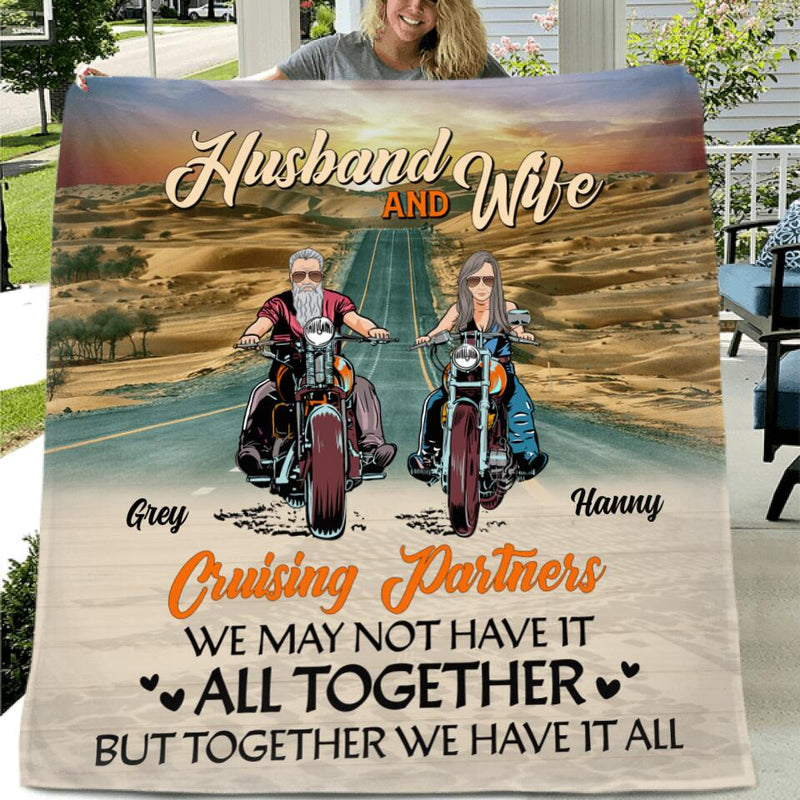 Personalized Biker Couple Fleece Throw Blanket/Quilt - Gift Idea From Old Biker To Wife - Husband & Wife Cruising Partners