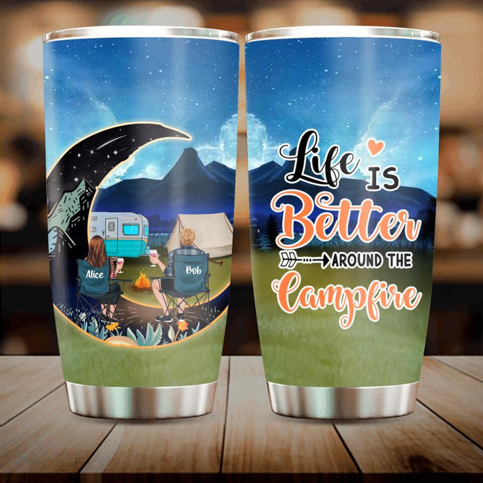 Custom Personalized Camping Moon Tumbler - Couple/ Parents With Kid And Dog - Gift Idea For Camping Lover - Life Is Better Around The Campfire