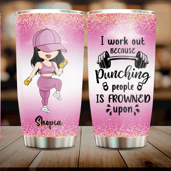 Custom Personalized Gym Girl Chibi Tumbler - Gift Idea For Gym Lovers - I Worked Out Because Punching People Is Frowned Upon