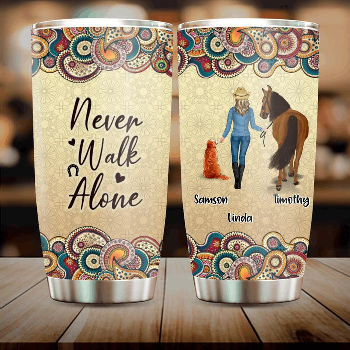 Custom Personalized Horse And Dog Tumbler - Upto 2 Dogs - Gift Idea For Horse/Dog Lovers - Never Walk Alone