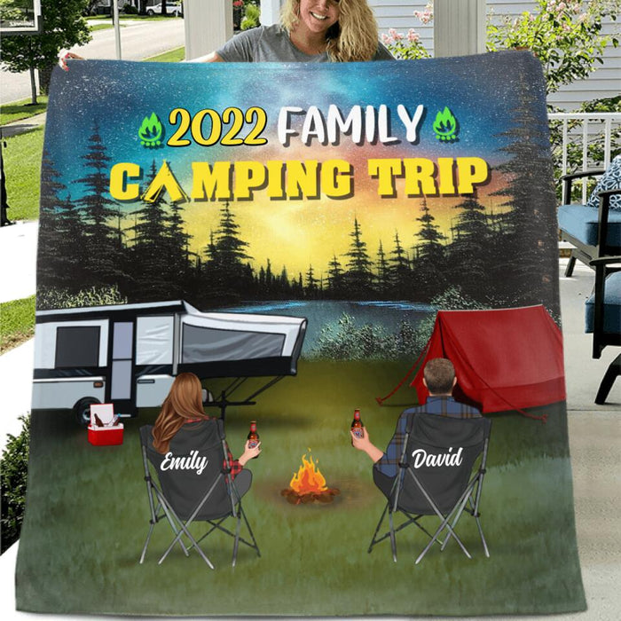 Custom Personalized Family Camping Trip Pillow Cover & Fleece/ Quilt Blanket - Couple/ Single Parent/ Parents With Upto 3 Kids And 4 Pets - Gift Idea For Whole Family/ Camping Lover - A Family That Camps Together Stays Together