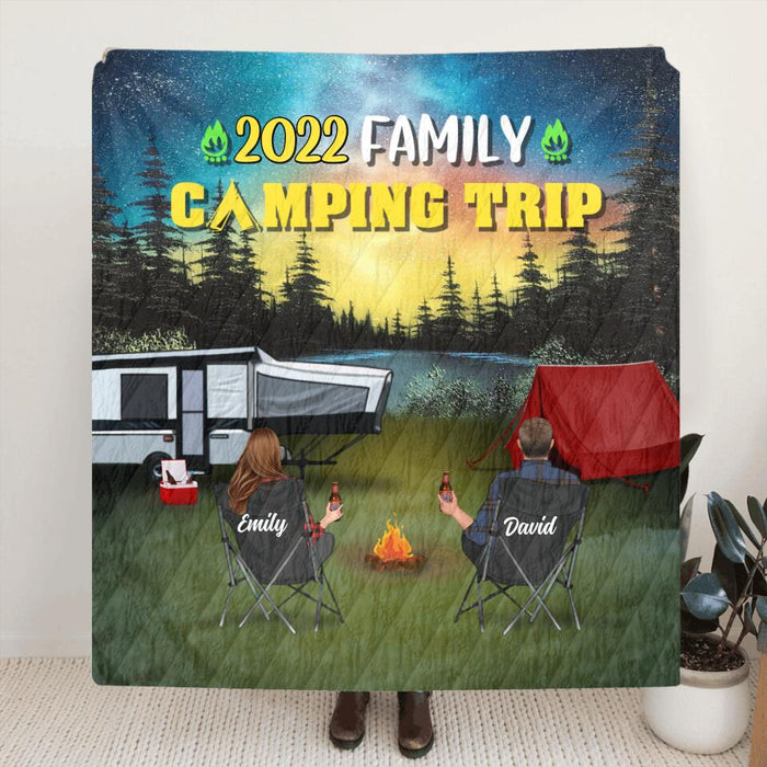 Custom Personalized Family Camping Trip Pillow Cover & Fleece/ Quilt Blanket - Couple/ Single Parent/ Parents With Upto 3 Kids And 4 Pets - Gift Idea For Whole Family/ Camping Lover - A Family That Camps Together Stays Together