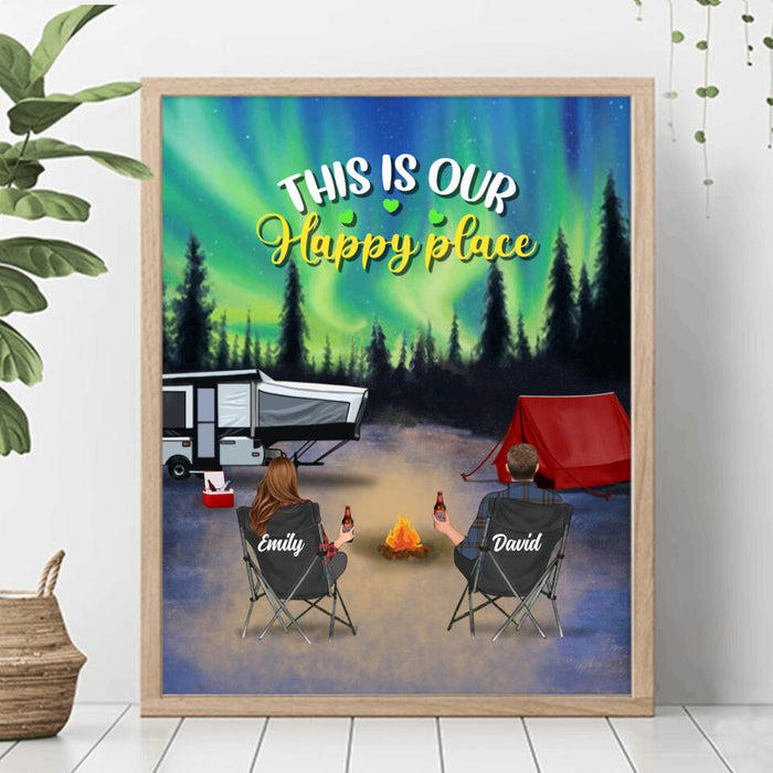 Custom Personalized Family Camping Trip Poster - Couple/ Single Parent/ Parents With Upto 3 Kids And 4 Pets - Gift Idea For Whole Family/ Camping Lover - This Is Our Happy Place