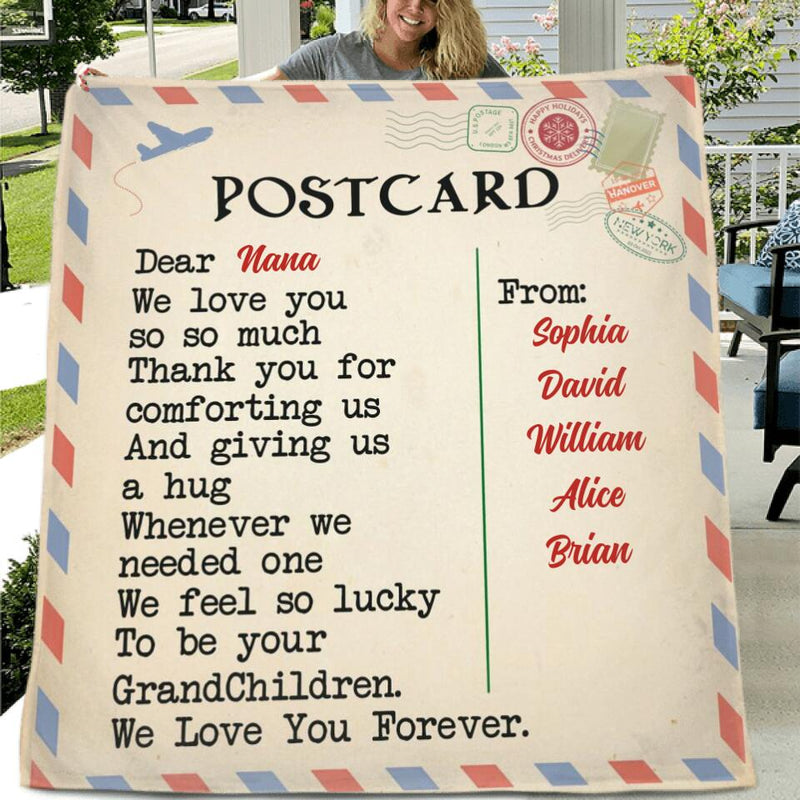 Personalized Postcard Fleece Throw Blanket/Quilt - Gift Idea From Grandchildren To Nana - We Love You Forever