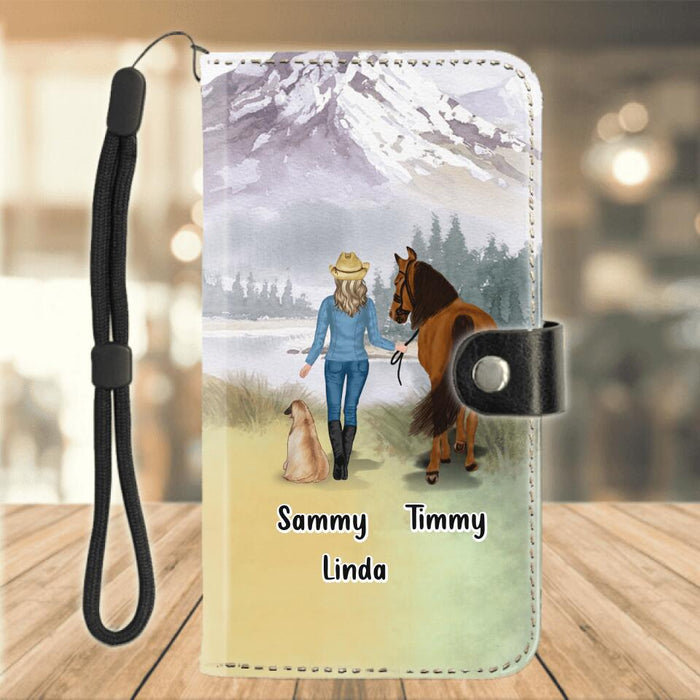 Custom Personalized Horse And Dog Flip Leather Purse for Mobile Phone - Upto 2 Dogs - Gift Idea For Horse/Dog Lover - Dirt Horse Smell And Dog Slobber Are Always Good For The Soul