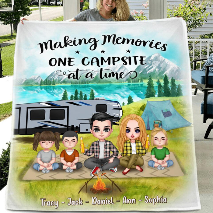 Custom Personalized Camping Single Layer Fleece/ Quilt -  Gift For Couple/ Family with up to 3 Kids - Making Memories One Campsite At A Time