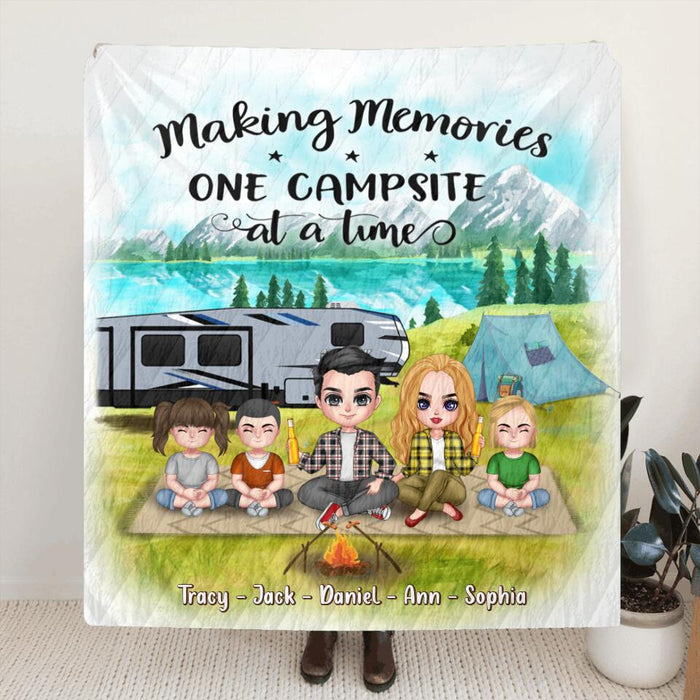 Custom Personalized Camping Single Layer Fleece/ Quilt -  Gift For Couple/ Family with up to 3 Kids - Making Memories One Campsite At A Time