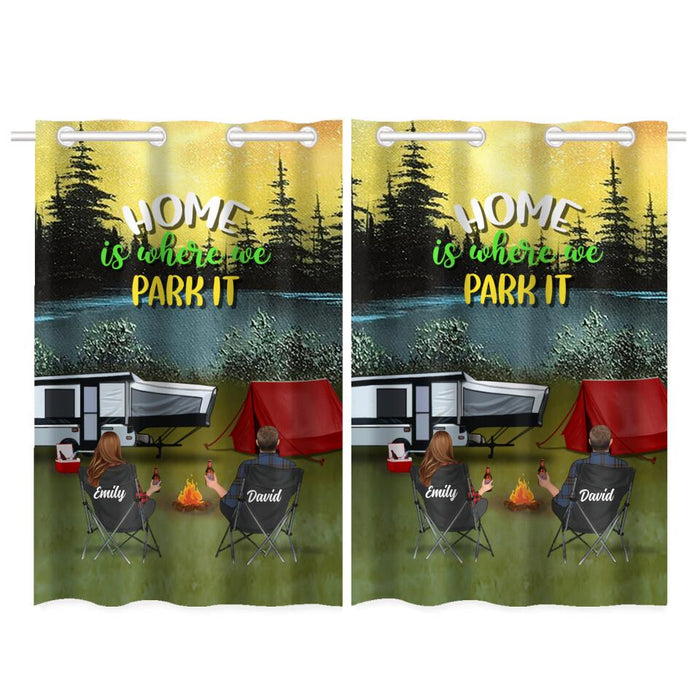 Custom Personalized Family Camping Trip Window Curtain - Couple/ Single Parent/ Parents With Upto 3 Kids And 4 Pets - Gift Idea For Whole Family/ Camping Lover - Home Is Where We Park It