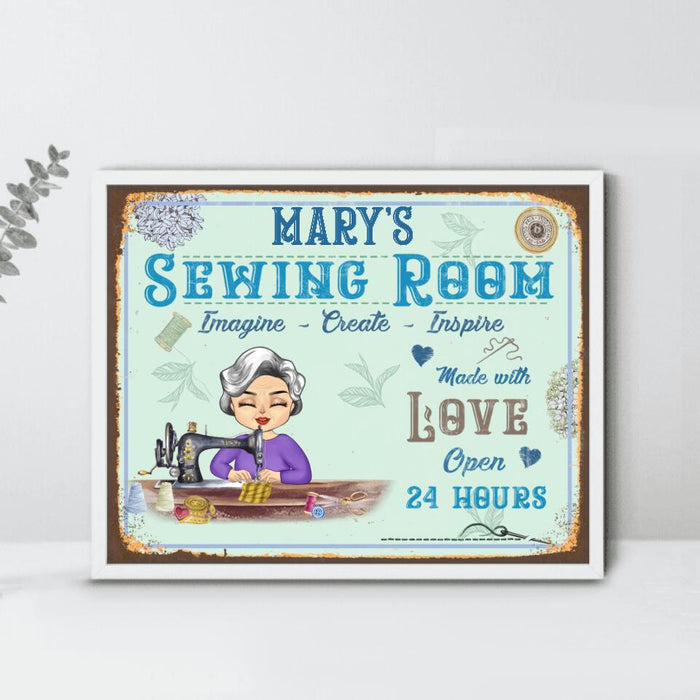 Custom Personalized Sewing Chibi Horizontal Poster - Gift Idea For Grandma/Mother's Day - Sewing Room, Imagine, Create, Inspire, Made With Love Open 24 Hours