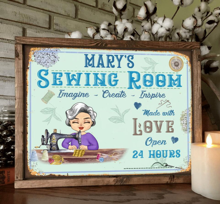 Custom Personalized Sewing Chibi Horizontal Poster - Gift Idea For Grandma/Mother's Day - Sewing Room, Imagine, Create, Inspire, Made With Love Open 24 Hours