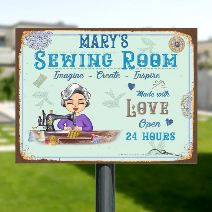 Custom Personalized Sewing Chibi Metal Sign - Gift Idea For Grandma/Mother's Day - Sewing Room, Imagine, Create, Inspire, Made With Love Open 24 Hours