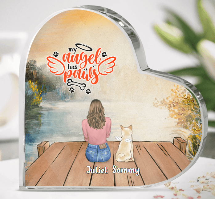 Custom Personalized Dog Mom Dad Heart-Shaped Acrylic Plaque - Upto 4  Dogs - Gift Idea For Dog Lover/Couple - My Angel Has Paws