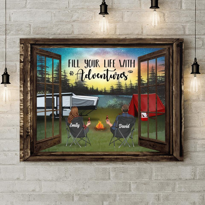 Custom Personalized Night Camping Canvas - Gift Idea For The Whole Family/Couple/Camping Lover - Parents/Couple/Adult With Upto 3 Kids And 4 Pets - Fill Your Life With Adventures