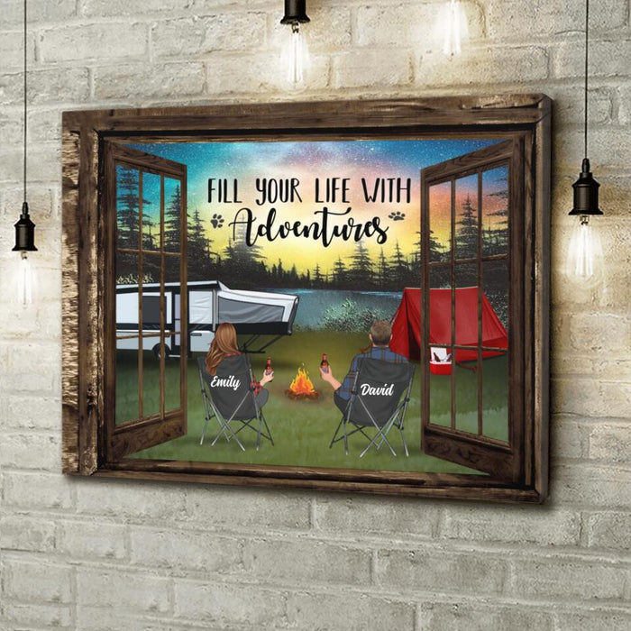 Custom Personalized Night Camping Canvas - Gift Idea For The Whole Family/Couple/Camping Lover - Parents/Couple/Adult With Upto 3 Kids And 4 Pets - Fill Your Life With Adventures