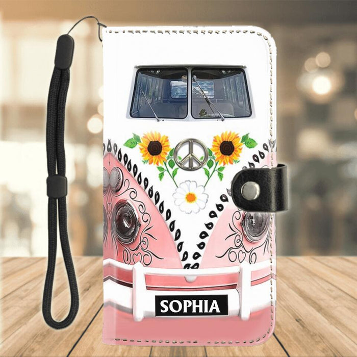 Custom Personalized Sunflower Peace Bus Phone Wallet - Best Gift Idea For Bus Lovers