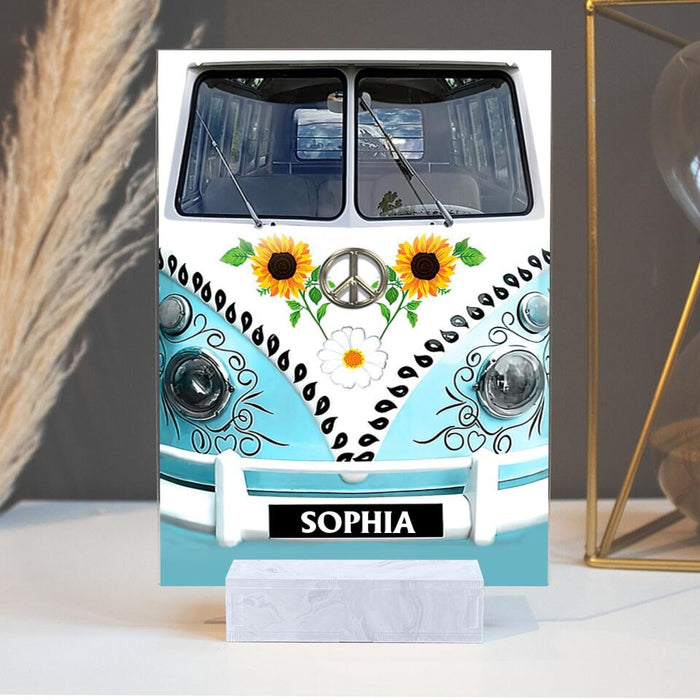Custom Personalized Sunflower Peace Bus Acrylic Plaque - Best Gift Idea For Bus Lovers