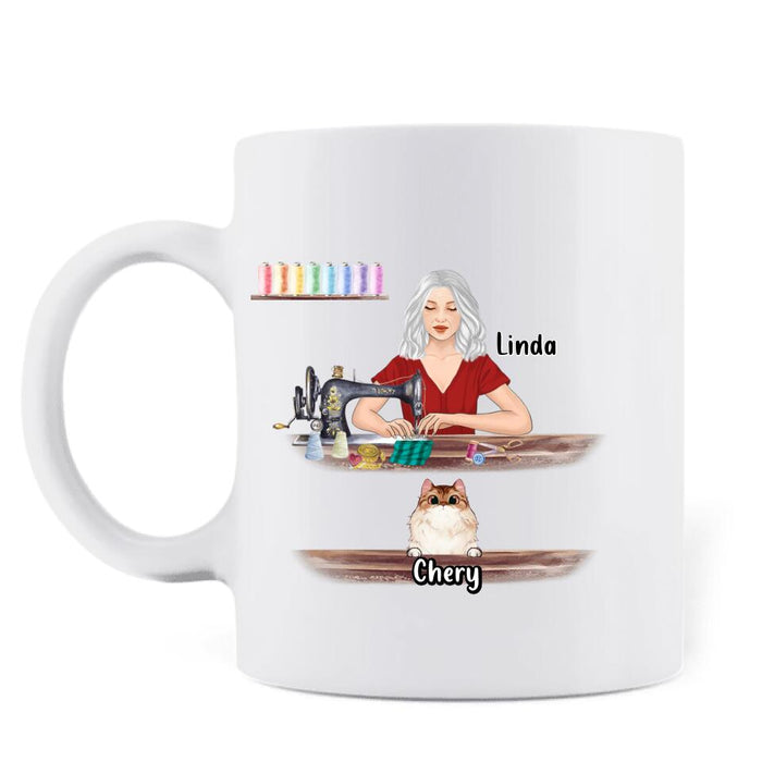 Custom Personalized Cat Mom Sewing Coffee Mug - Gift Idea For Cat and Sewing Lovers/Mother's Day - Upto 6 Cats - I Just Want To Work In My Sewing Room And Hang Out With My Cat