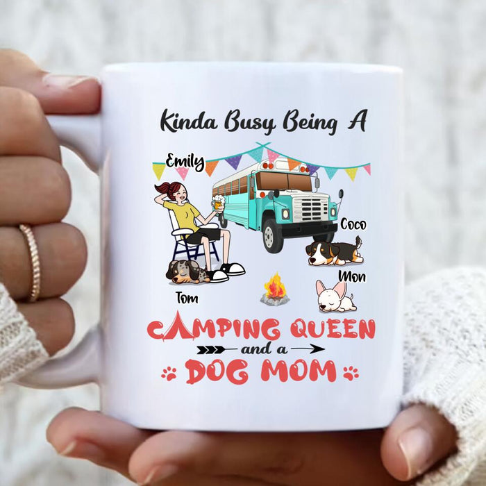 Custom Personalized Camping Queen Mug - Upto 3 Dogs - Gift Idea For Dog Lovers - Kinda Busy Being A Camping Queen And A Dog Mom