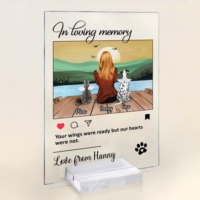 Custom Personalized Memorial Pet Acrylic Plaque - Man/ Woman/ Couple With Upto 4 Pets - Memorial Gift Idea For Dog/ Cat Lover - Your Wings Were Ready But Our Hearts Were Not