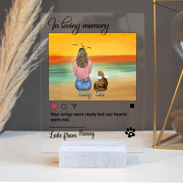 Custom Personalized Memorial Pet Acrylic Plaque - Man/ Woman/ Couple With Upto 4 Pets - Memorial Gift Idea For Dog/ Cat Lover - Your Wings Were Ready But Our Hearts Were Not