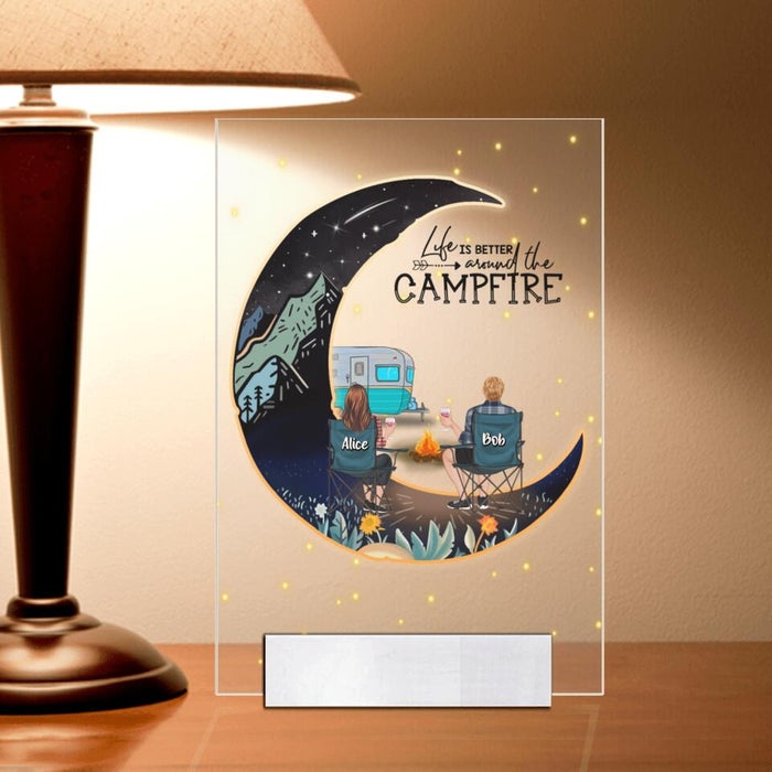 Custom Personalized Camping Moon Acrylic Plaque - Adult/ Couple/ Parents With Up to 3 Kids And 3 Pets - Gift Idea For Camping Lover - Life Is Better Around The Campfire