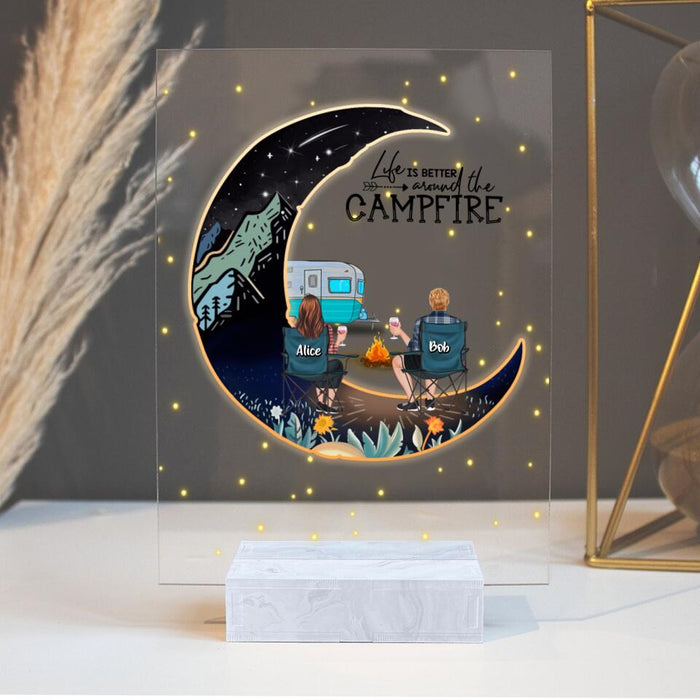 Custom Personalized Camping Moon Acrylic Plaque - Adult/ Couple/ Parents With Up to 3 Kids And 3 Pets - Gift Idea For Camping Lover - Life Is Better Around The Campfire