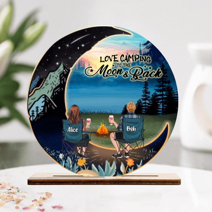 Custom Personalized Camping Moon Wooden Plaque - Gift Idea For Camping Lover - Adult/ Couple/ Parents With Upto 2 Kids And 3 Pets - Love Camping To The Moon & Back